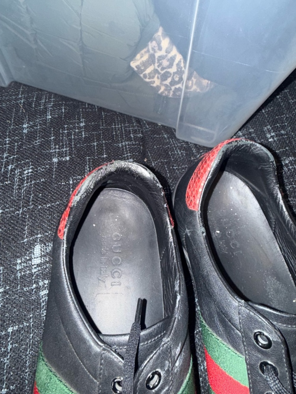 Gucci Black Leather Sneakers with Signature Green & Red Stripe - Picture 7 of 16